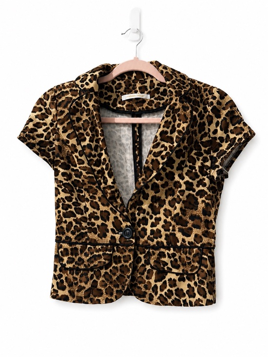 Jackets & Blazers - Leopard Print Short Sleeve Blazer Jacket - Brown & Tan 97% Cotton